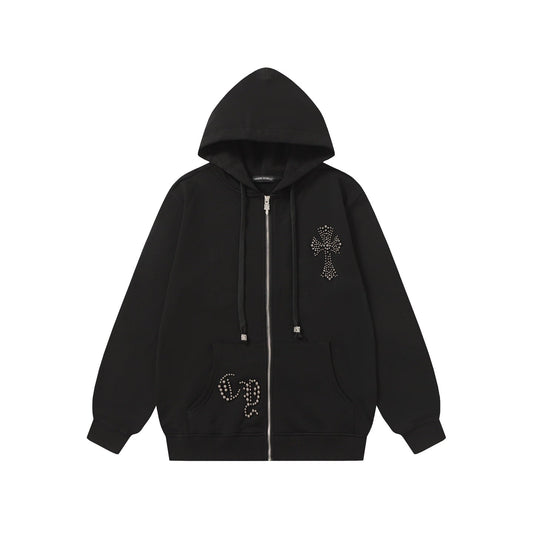 Chrome Hearts Rhinestone Cross Hoodie - Black Gothic Streetwear Sweatshirt 2633